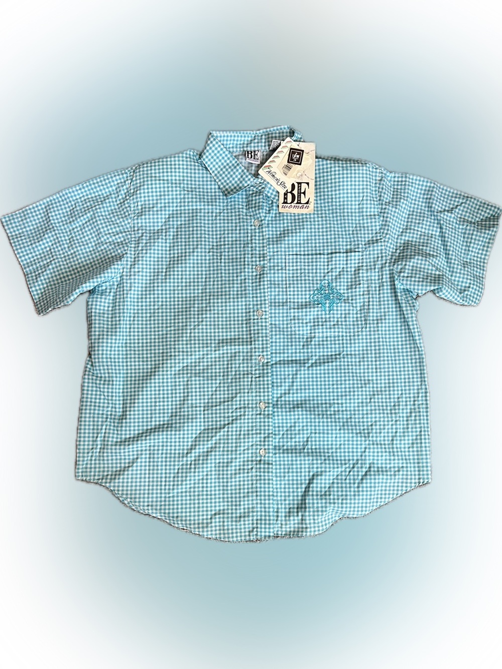 💥NEW Basic Editions Woman Short Sleeve Teal Gingham Button Down Plaid  Shirt 18W
